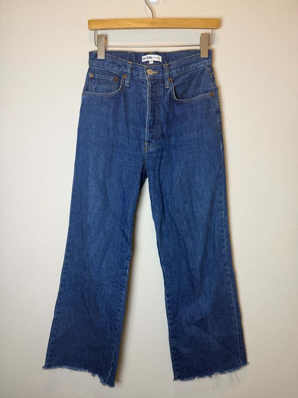 RE/DONE Wide Leg Crop Jeans Size 26 Dark 95 Blue Cotton Raw Hem